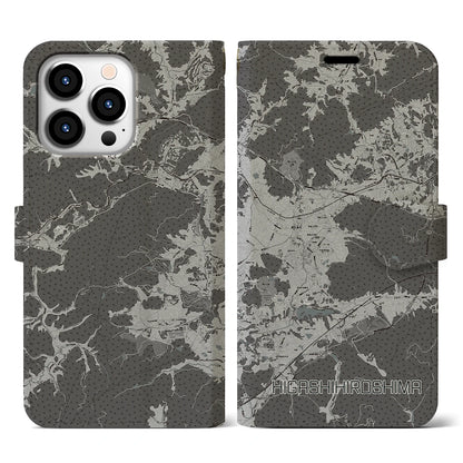 【東広島（広島県）】地図柄iPhoneケース（手帳タイプ）モノトーン・iPhone 13 Pro 用