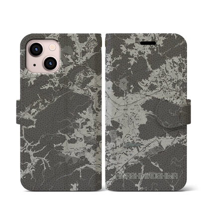 【東広島（広島県）】地図柄iPhoneケース（手帳タイプ）モノトーン・iPhone 13 mini 用