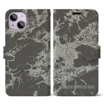 【東広島（広島県）】地図柄iPhoneケース（手帳タイプ）モノトーン・iPhone 14 用