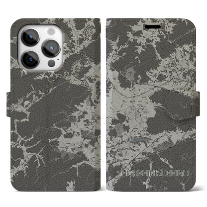 【東広島（広島県）】地図柄iPhoneケース（手帳タイプ）モノトーン・iPhone 14 Pro 用