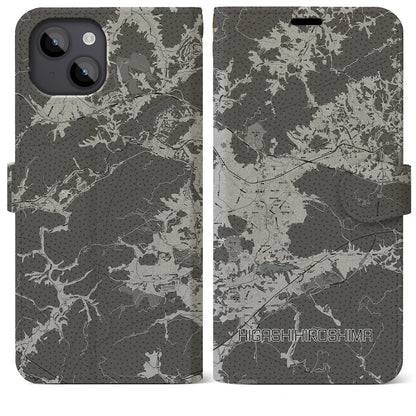 【東広島（広島県）】地図柄iPhoneケース（手帳タイプ）モノトーン・iPhone 14 Plus 用