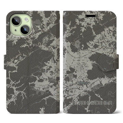 【東広島（広島県）】地図柄iPhoneケース（手帳タイプ）モノトーン・iPhone 15 用
