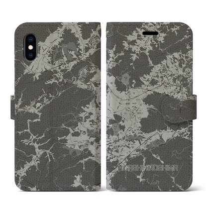 【東広島（広島県）】地図柄iPhoneケース（手帳タイプ）モノトーン・iPhone XS / X 用