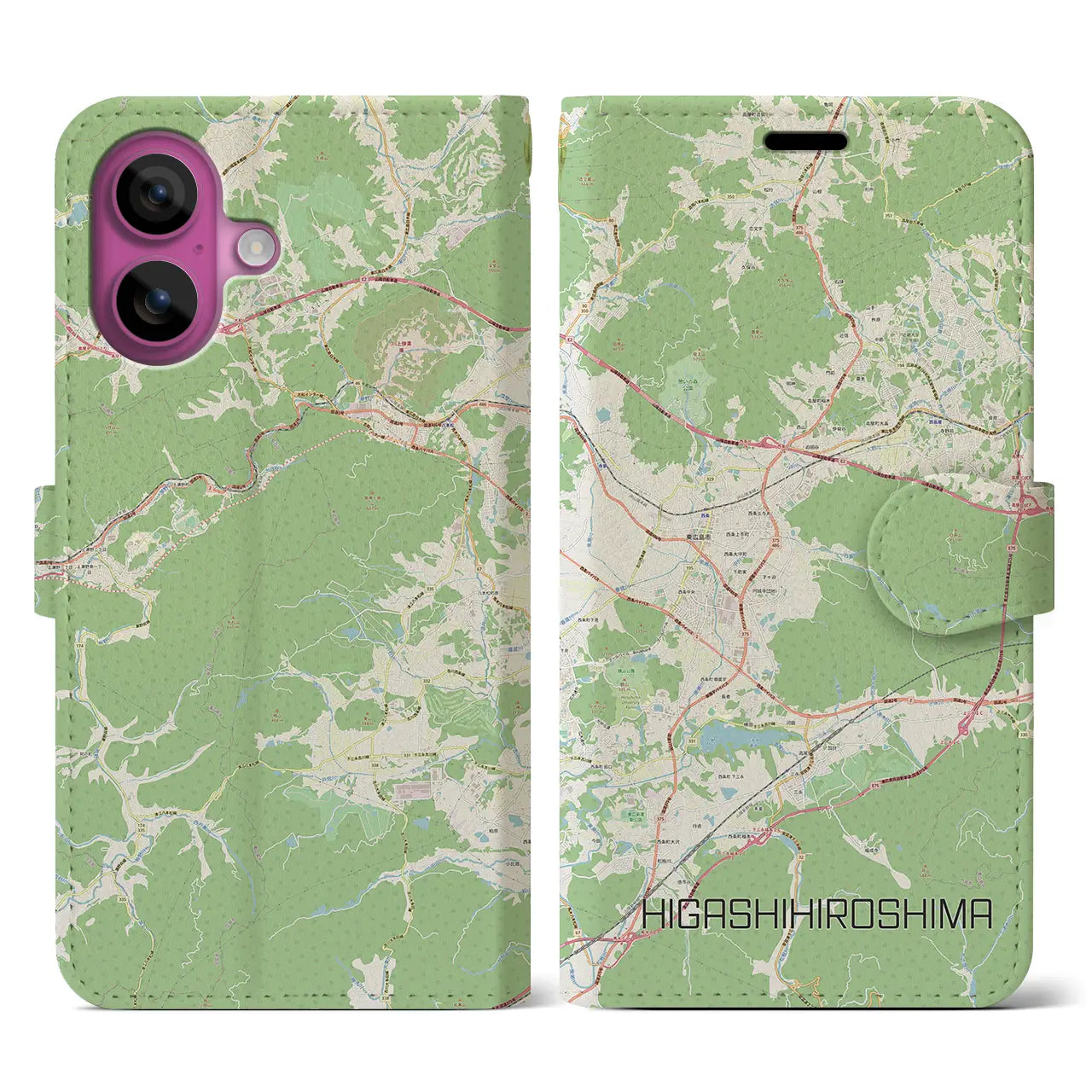 【東広島（広島県）】地図柄iPhoneケース（手帳タイプ）ナチュラル・iPhone 16 Pro 用