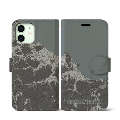 【東かがわ（香川県）】地図柄iPhoneケース（手帳タイプ）モノトーン・iPhone 12 mini 用