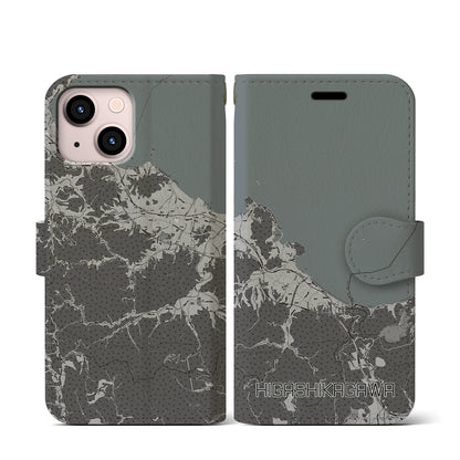 【東かがわ（香川県）】地図柄iPhoneケース（手帳タイプ）モノトーン・iPhone 13 mini 用