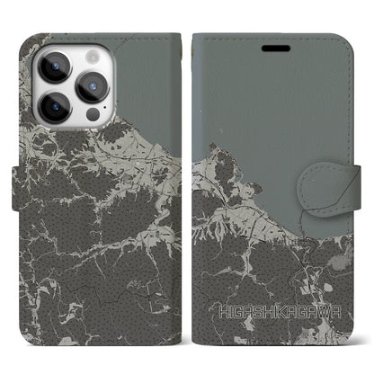 【東かがわ（香川県）】地図柄iPhoneケース（手帳タイプ）モノトーン・iPhone 14 Pro 用