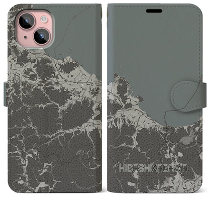 【東かがわ（香川県）】地図柄iPhoneケース（手帳タイプ）モノトーン・iPhone 15 Plus 用