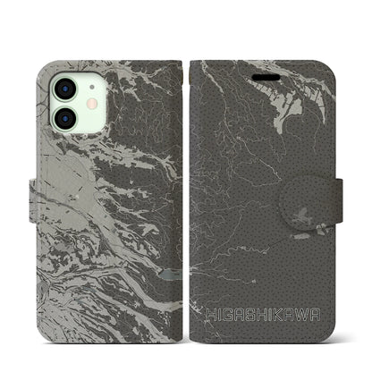 【東川（北海道）】地図柄iPhoneケース（手帳タイプ）モノトーン・iPhone 12 mini 用