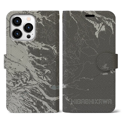 【東川（北海道）】地図柄iPhoneケース（手帳タイプ）モノトーン・iPhone 13 Pro 用