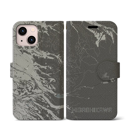 【東川（北海道）】地図柄iPhoneケース（手帳タイプ）モノトーン・iPhone 13 mini 用