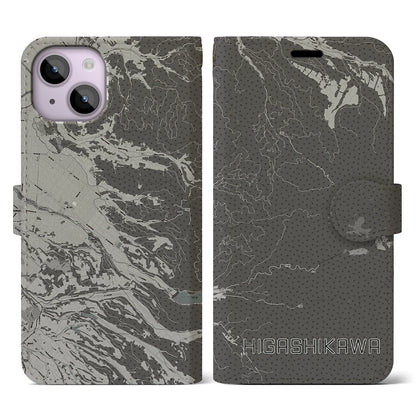 【東川（北海道）】地図柄iPhoneケース（手帳タイプ）モノトーン・iPhone 14 用