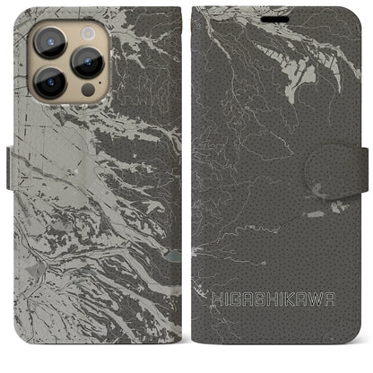 【東川（北海道）】地図柄iPhoneケース（手帳タイプ）モノトーン・iPhone 14 Pro Max 用