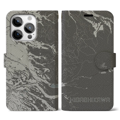 【東川（北海道）】地図柄iPhoneケース（手帳タイプ）モノトーン・iPhone 14 Pro 用