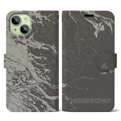 【東川（北海道）】地図柄iPhoneケース（手帳タイプ）モノトーン・iPhone 15 用