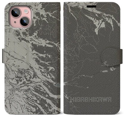 【東川（北海道）】地図柄iPhoneケース（手帳タイプ）モノトーン・iPhone 15 Plus 用