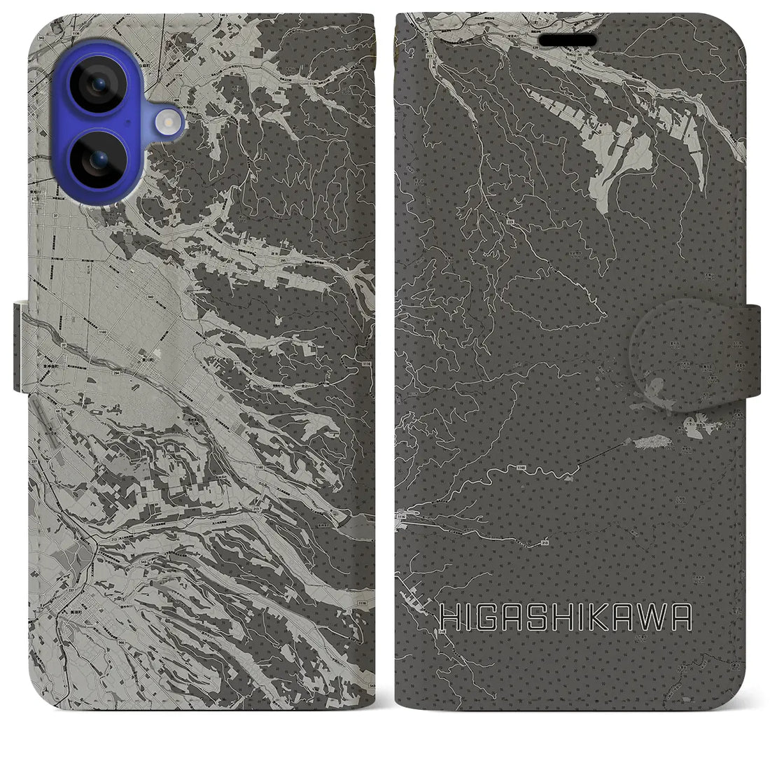 【東川(北海道)】地図柄iPhoneケース(手帳タイプ)モノトーン・iPhone 16 Pro Max 用
