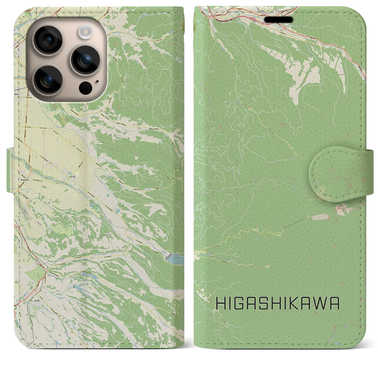 【東川（北海道）】地図柄iPhoneケース（手帳タイプ）ナチュラル・iPhone 16 Plus 用