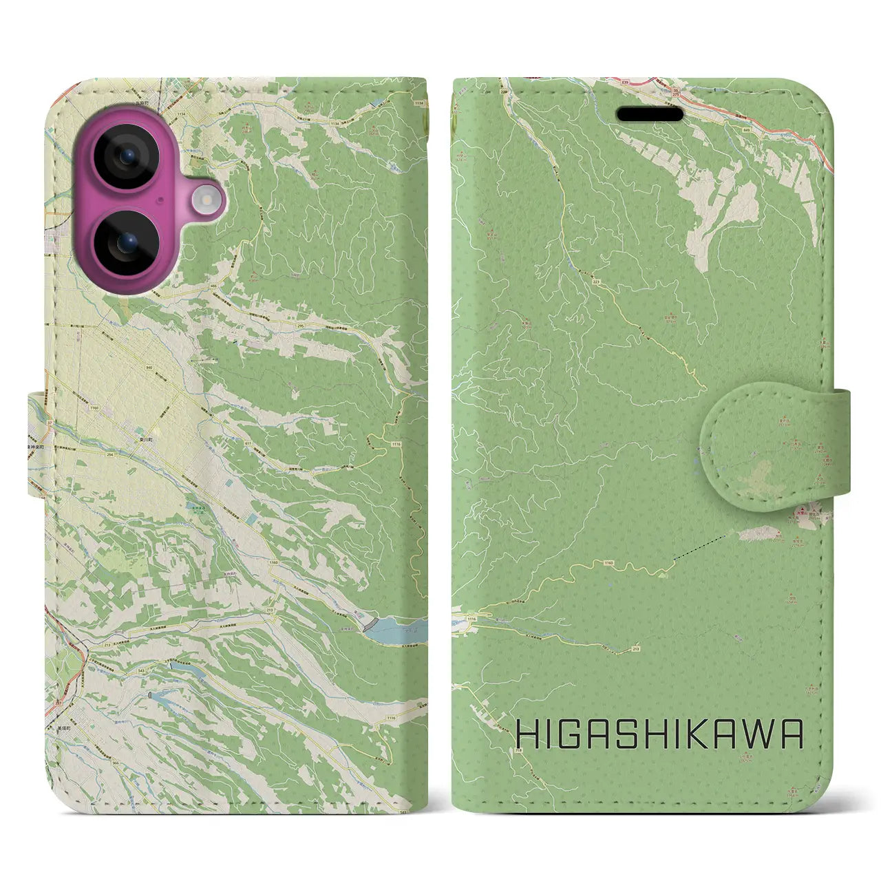 【東川（北海道）】地図柄iPhoneケース（手帳タイプ）ナチュラル・iPhone 16 Pro 用