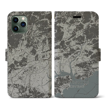 【東区（岡山市）】地図柄iPhoneケース（手帳タイプ）モノトーン・iPhone 11 Pro 用