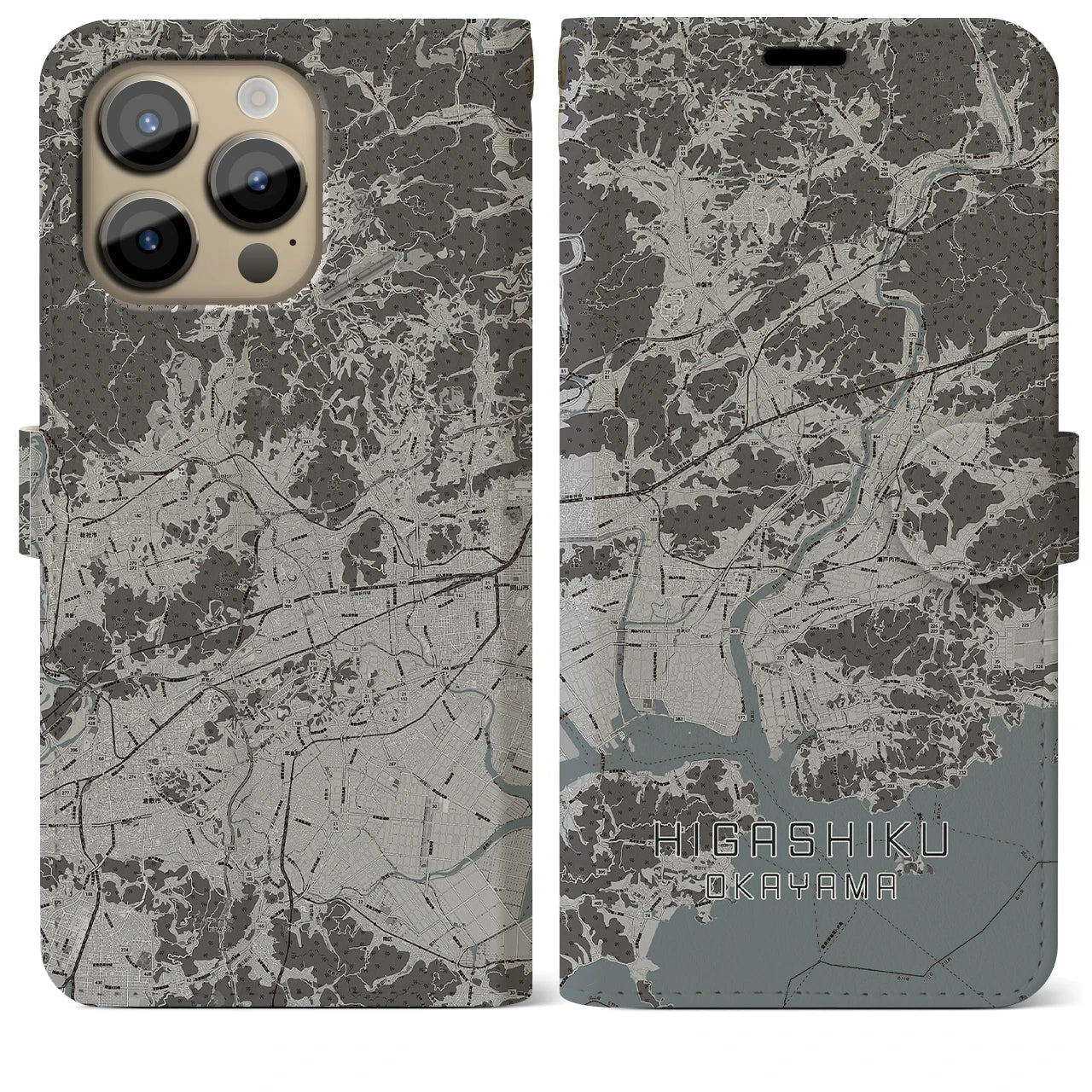 【東区（岡山市）】地図柄iPhoneケース（手帳両面タイプ・モノトーン）iPhone 14 Pro Max 用