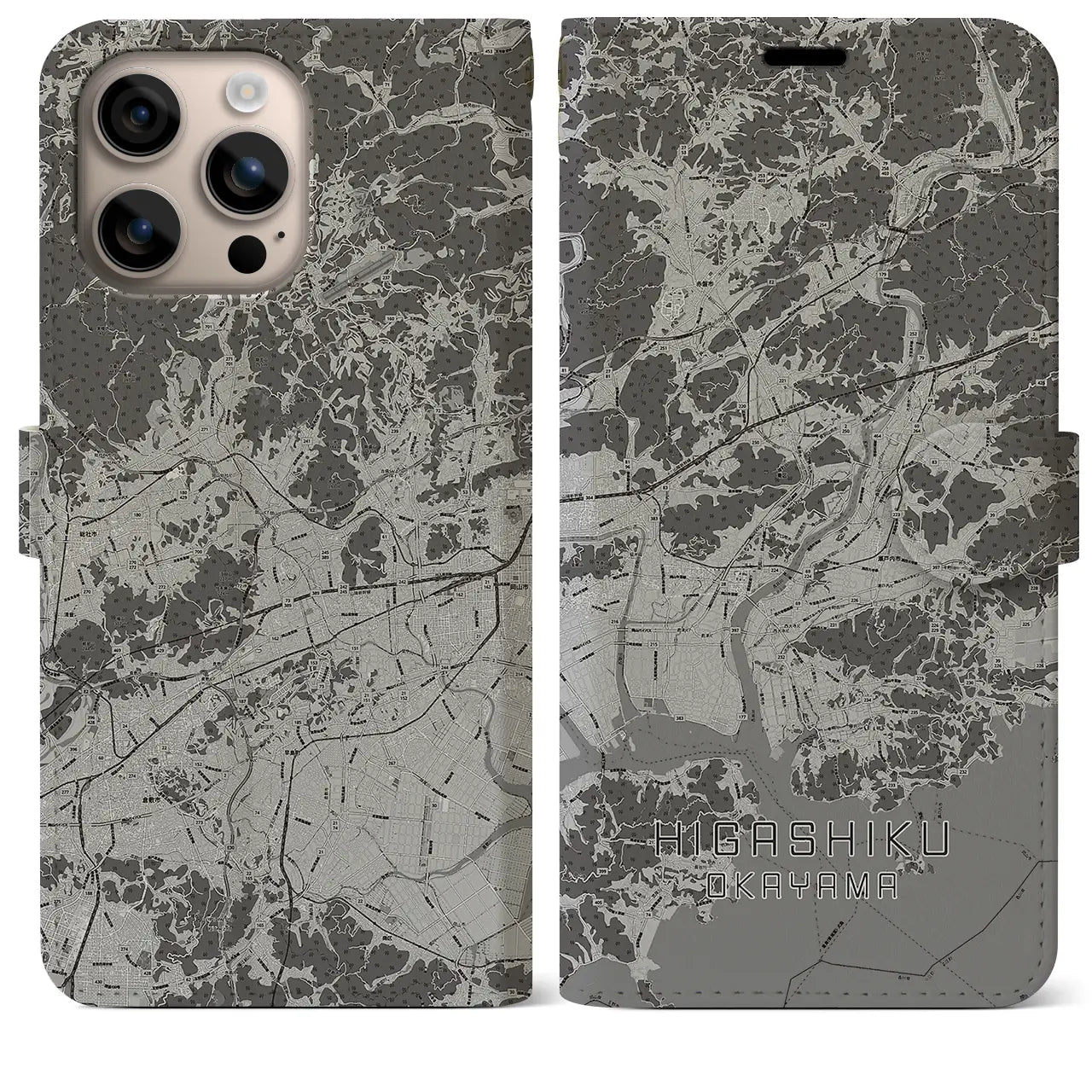 【東区（岡山市）】地図柄iPhoneケース（手帳タイプ）モノトーン・iPhone 16 Plus 用