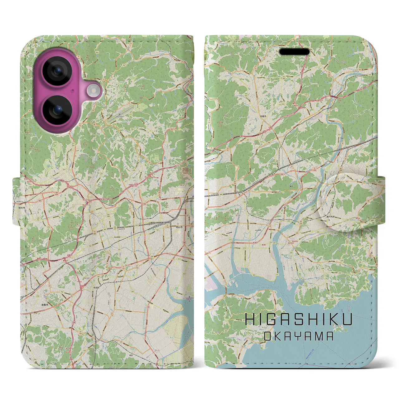 【東区（岡山市）】地図柄iPhoneケース（手帳タイプ）ナチュラル・iPhone 16 Pro 用