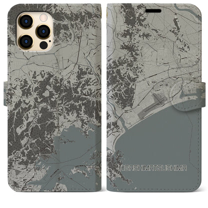 【東松島（宮城県）】地図柄iPhoneケース（手帳タイプ）モノトーン・iPhone 12 Pro Max 用