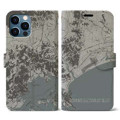 【東松島（宮城県）】地図柄iPhoneケース（手帳タイプ）モノトーン・iPhone 12 / 12 Pro 用