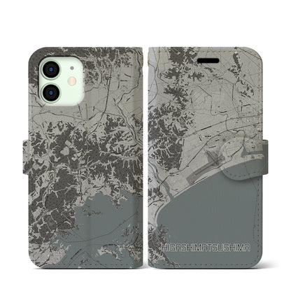 【東松島（宮城県）】地図柄iPhoneケース（手帳タイプ）モノトーン・iPhone 12 mini 用