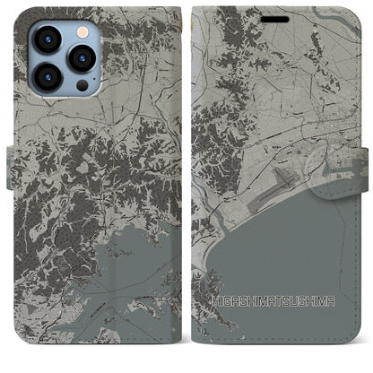 【東松島（宮城県）】地図柄iPhoneケース（手帳タイプ）モノトーン・iPhone 13 Pro Max 用