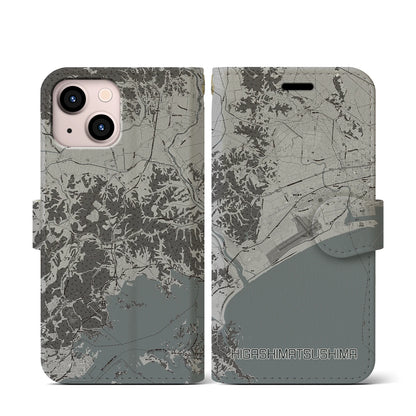 【東松島（宮城県）】地図柄iPhoneケース（手帳タイプ）モノトーン・iPhone 13 mini 用