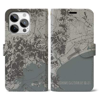 【東松島（宮城県）】地図柄iPhoneケース（手帳タイプ）モノトーン・iPhone 14 Pro 用