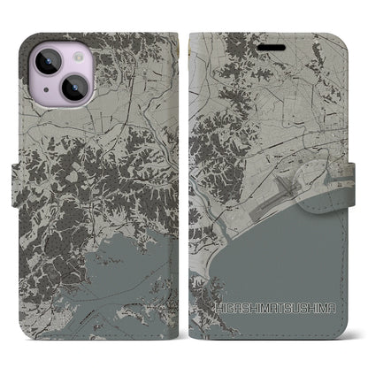 【東松島（宮城県）】地図柄iPhoneケース（手帳タイプ）モノトーン・iPhone 14 用