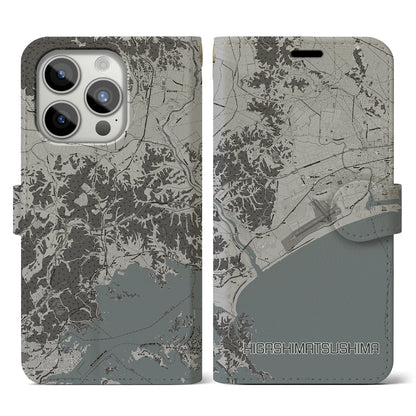 【東松島（宮城県）】地図柄iPhoneケース（手帳タイプ）モノトーン・iPhone 15 Pro 用