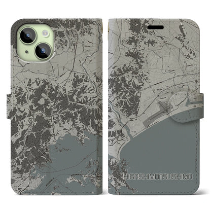 【東松島（宮城県）】地図柄iPhoneケース（手帳タイプ）モノトーン・iPhone 15 用