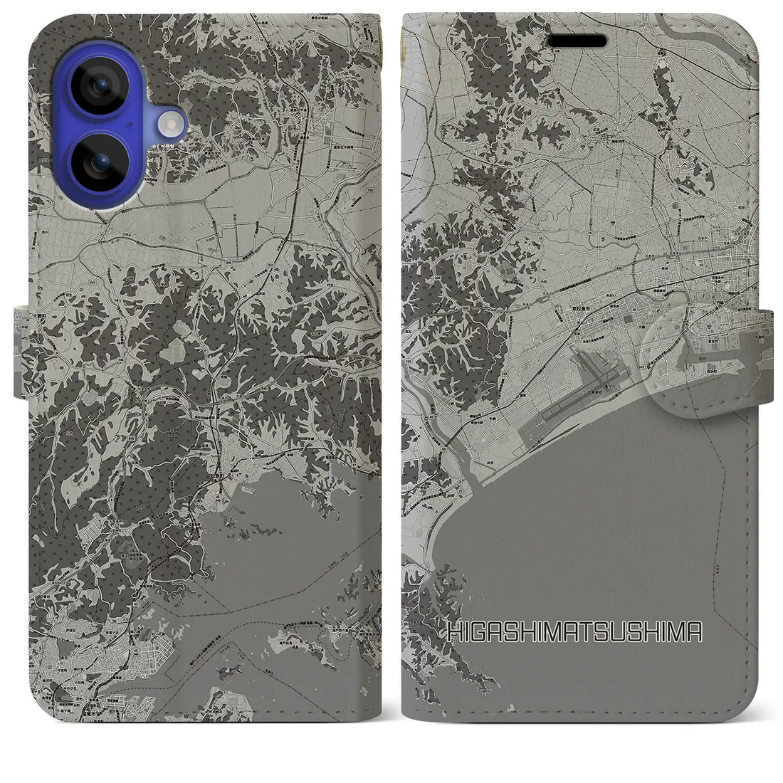 【東松島(宮城県)】地図柄iPhoneケース(手帳タイプ)モノトーン・iPhone 16 Pro Max 用