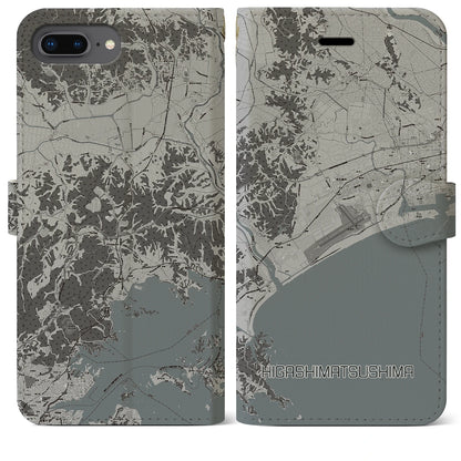 【東松島（宮城県）】地図柄iPhoneケース（手帳タイプ）モノトーン・iPhone 8Plus /7Plus / 6sPlus / 6Plus 用