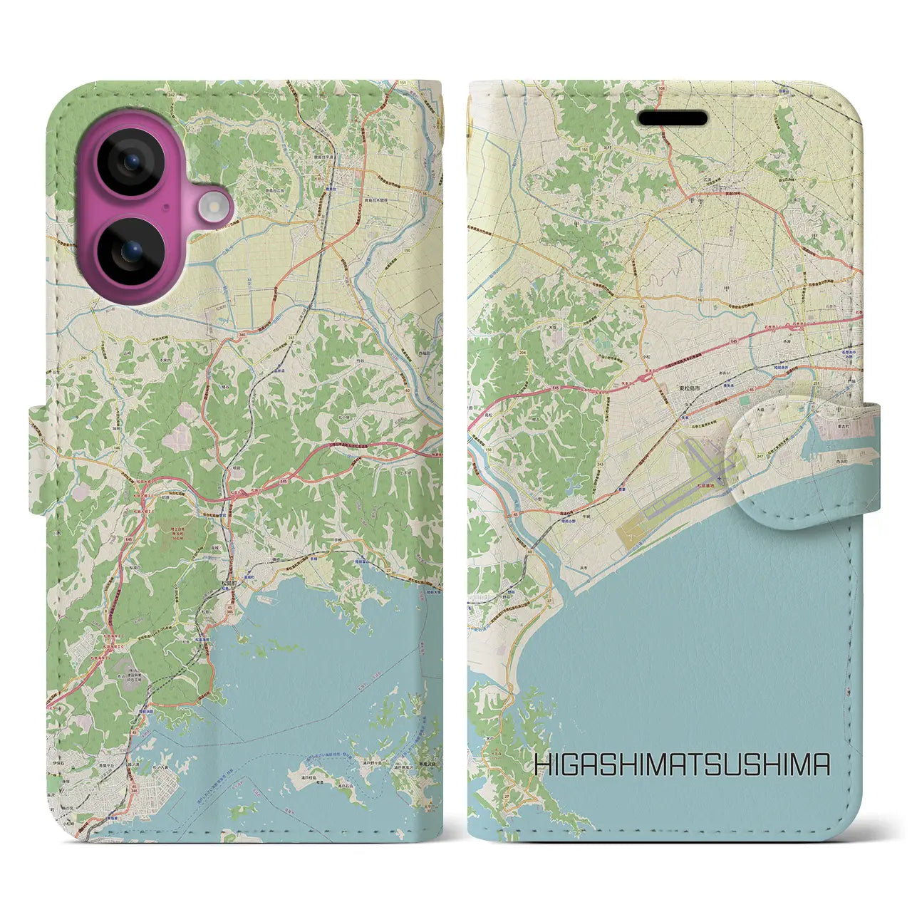 【東松島（宮城県）】地図柄iPhoneケース（手帳タイプ）ナチュラル・iPhone 16 Pro 用