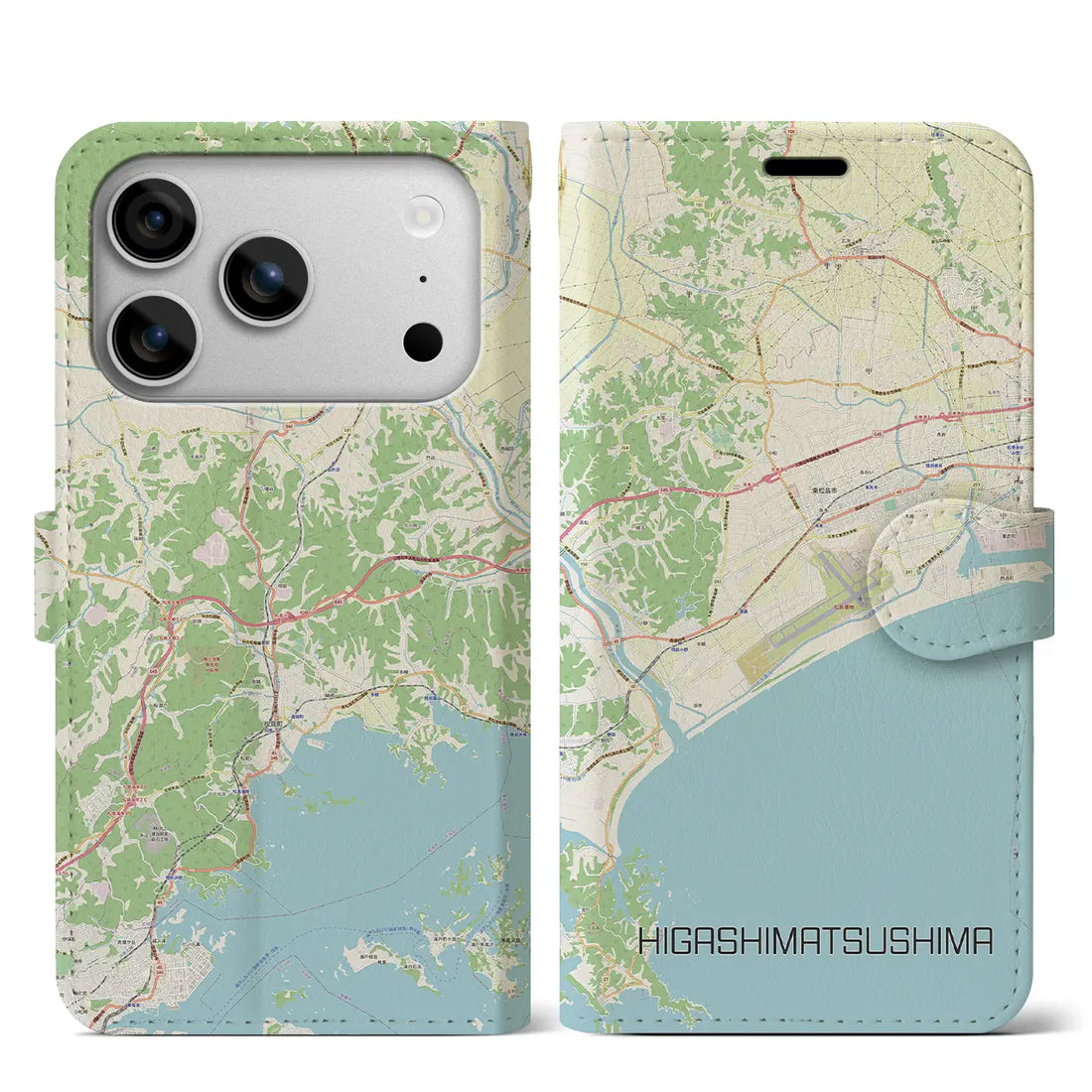 【東松島（宮城県）】地図柄iPhoneケース（手帳タイプ）モノトーン・iPhone 17 Pro Max 用