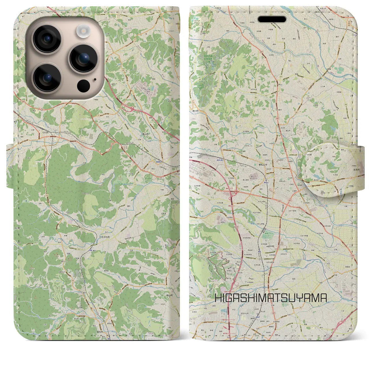 【東松山（埼玉県）】地図柄iPhoneケース（手帳タイプ）ナチュラル・iPhone 16 Plus 用