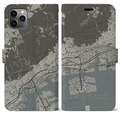 【東灘（兵庫県）】地図柄iPhoneケース（手帳タイプ）モノトーン・iPhone 11 Pro Max 用