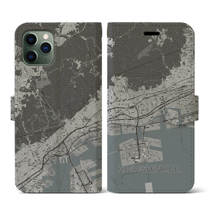 【東灘（兵庫県）】地図柄iPhoneケース（手帳タイプ）モノトーン・iPhone 11 Pro 用