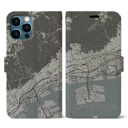 【東灘（兵庫県）】地図柄iPhoneケース（手帳タイプ）モノトーン・iPhone 12 / 12 Pro 用