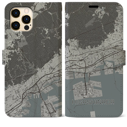 【東灘（兵庫県）】地図柄iPhoneケース（手帳タイプ）モノトーン・iPhone 12 Pro Max 用