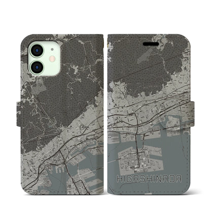 【東灘（兵庫県）】地図柄iPhoneケース（手帳タイプ）モノトーン・iPhone 12 mini 用