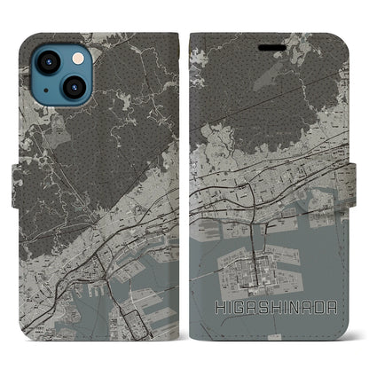 【東灘（兵庫県）】地図柄iPhoneケース（手帳タイプ）モノトーン・iPhone 13 用