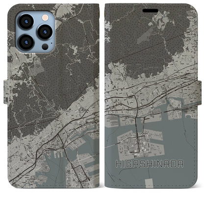 【東灘（兵庫県）】地図柄iPhoneケース（手帳タイプ）モノトーン・iPhone 13 Pro Max 用