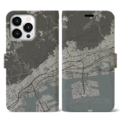 【東灘（兵庫県）】地図柄iPhoneケース（手帳タイプ）モノトーン・iPhone 13 Pro 用