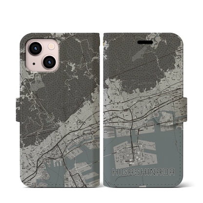 【東灘（兵庫県）】地図柄iPhoneケース（手帳タイプ）モノトーン・iPhone 13 mini 用